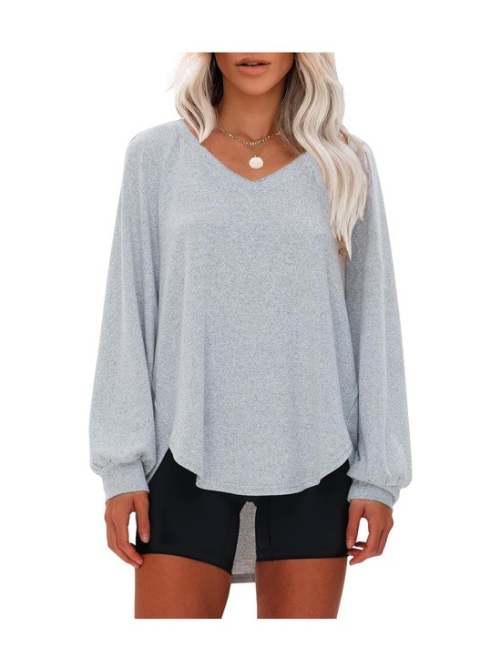 Tops - Light Gray V-Neck Long Sleeve Women's Top